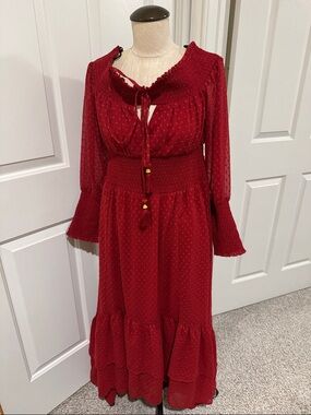 Red Long Sleeve Smocked Waist Maxi Dress